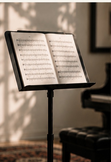 Music stand with open sheet music in a quiet practice room