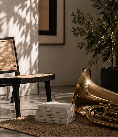 Warm music room with books and brass instrument