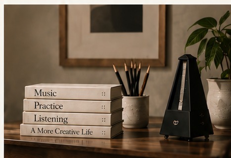 Music books, pencils, and a metronome in a quiet music room
